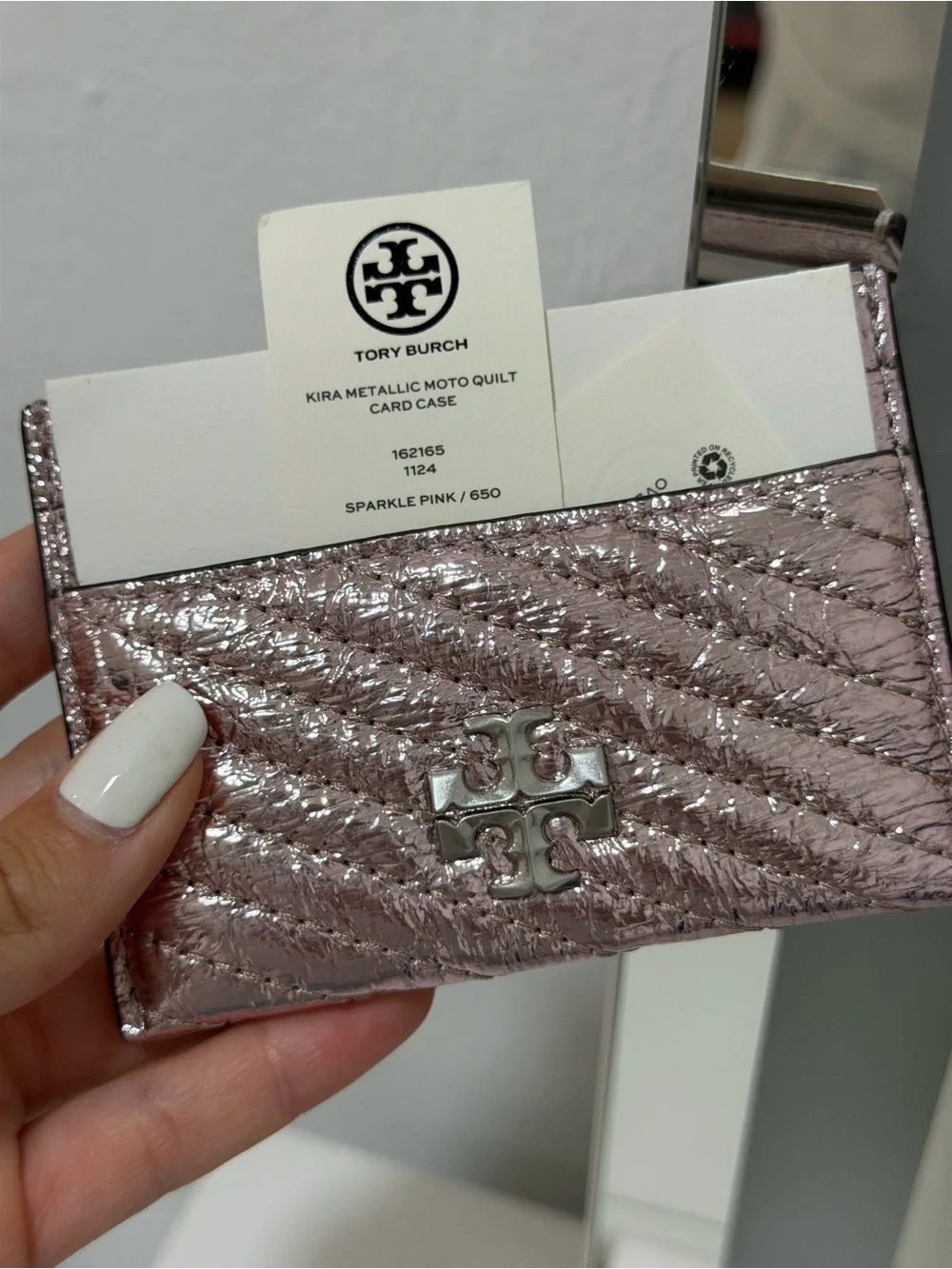 Emporio Armani Metallic Quilted Card Holder in Sparkle Pink
